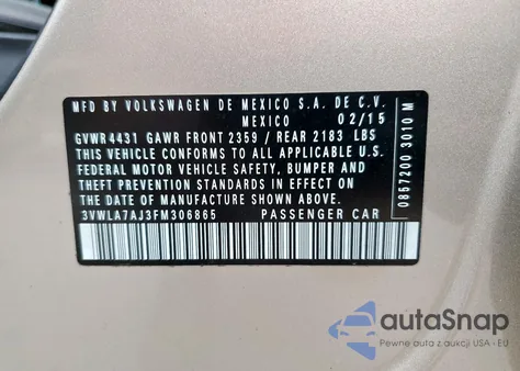 2015 Volkswagen Jetta Tdi z USA, uszkodzony, nr VIN 3VWLA7AJ3FM306865